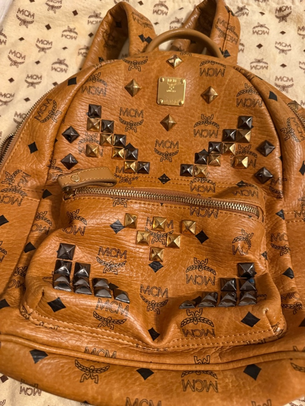 MCM Cognac Visetos Mini Backpack with Gold and Black Studs - Picture 10 of 11